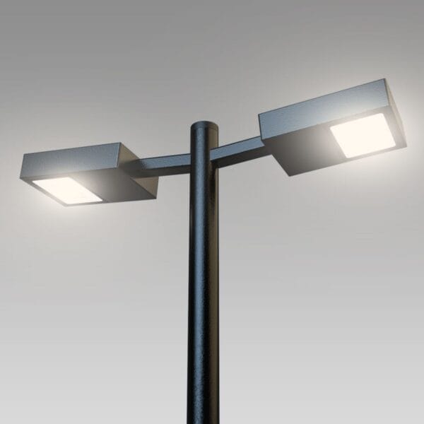 Modelo real PT 338 da Aladin, poste reto com duas luminárias LED